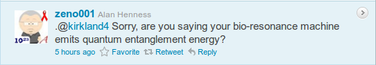 @zeno001 - Welcome to my latest follower @kirkland4 ! Can you tell me what kind of energy your bio-resonance machine emits? 4 May 10:54am