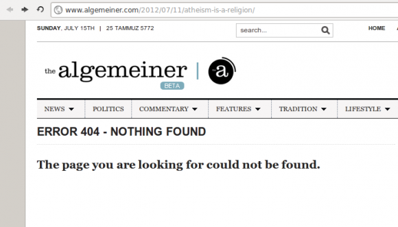 Screen capture of The Algemeiner's page indicating that the requested URL could not be found