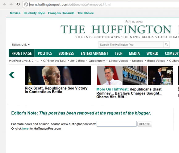 Screen capture of Huffington Post page indicating that an article has been removed